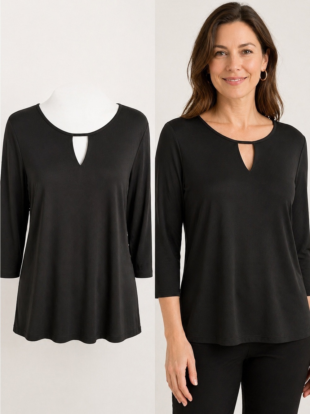Talbots | Black Keyhole Neck Top | Stretch Knit | 3/4 Sleeve | XL